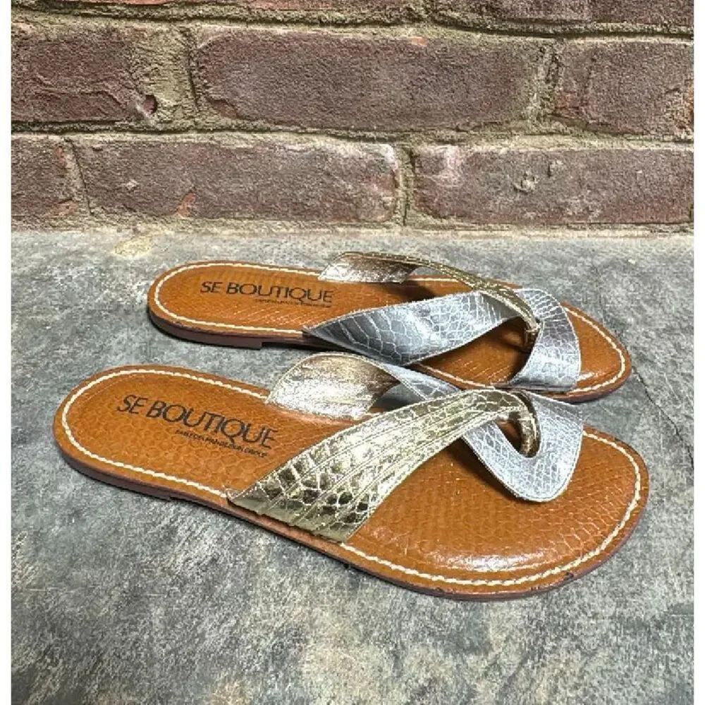 SE Boutique by Sam Edelman Women’s Snakeskin Gold/Silver Thong Sandal Sz 9